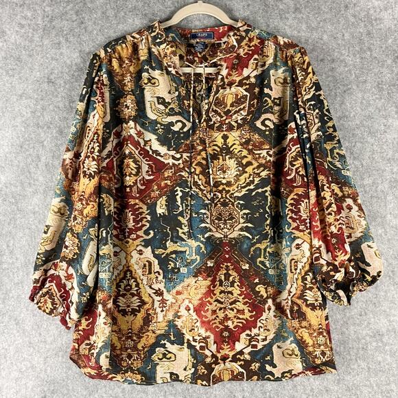 Chaps Top Womens 2X Medallion Blouse 3/4 Sleeve Artsy Ethnic Southwestern Aztec - Picture 1 of 13